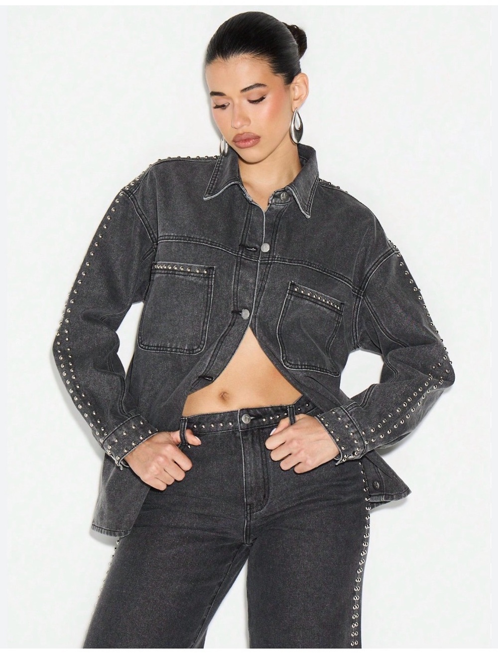 Studded Black Denim Jacket Shirt